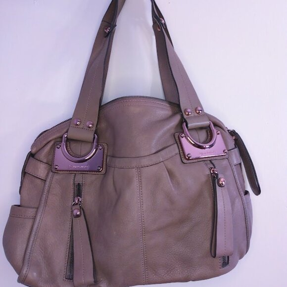 B MAKOWSKY Taupe Soft Leather Handbag Purse Shoulder Bag Large Rosegold Accents - Picture 2 of 11